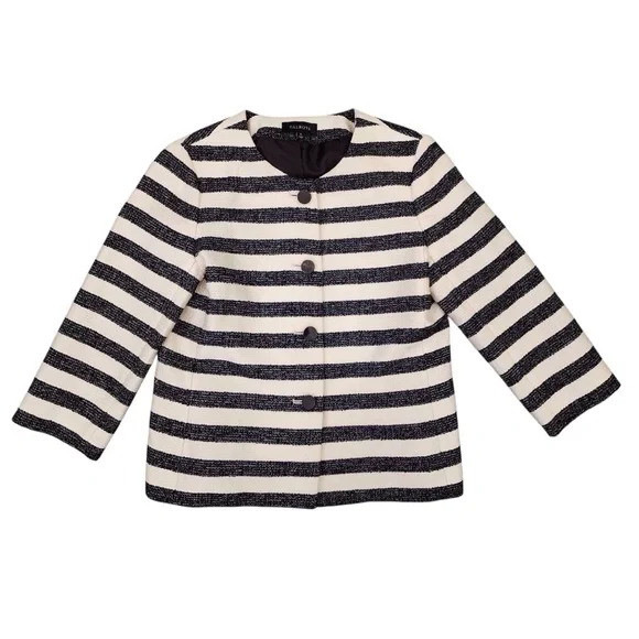 TALBOTS Tweed Woven Blazer Jacket 8 Ladies Cream Black Striped Work Career Coat - Picture 7 of 14